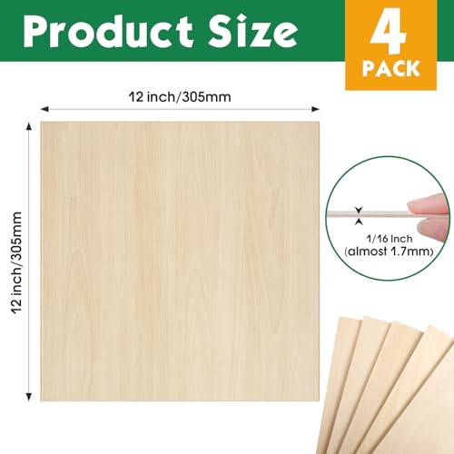 4 Pack Basswood Sheets 1/16x12x12 Inch,1/16 Basswood for Laser Cutting & Engraving, Thin Balsa Wood Sheets, Unfinished Wood for Crafts, Plywood Sheets for Models Making, Wood Burning and Painting. ESRICH