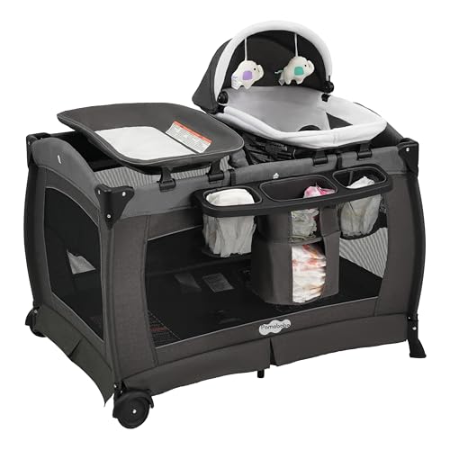 Pamo Babe Pack and Play with Bassinet Baby Playpen Foldable Playard with Changing Table Portable 4 in 1 Baby Playard