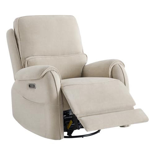 Watson & Whitely Power Recliner Chair W 3-Level LED Night Light, Swivel Glider Nursery Rocking Chair W Lumbar Pillow for Living Room, Oeko-TEX & FSC Certified, Fabric Sand