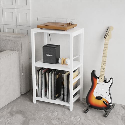 YAKANJ End Table with LED Light,Record Player Stand with Albums Storage,Vinyl Records Storage,Turntable Stand Side Table for Music Room Studio Living Room Bedroom-Rustic White YAKANJ