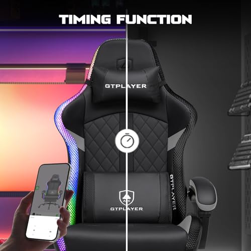 GTPLAYER RGB Gaming Chair, Computer Gamer Chair with Footrest and LED Lights, PC Gamer Chairs for Adults, High Back Reclining Office Chairs, Linkage Armrest (Gray) GTPLAYER