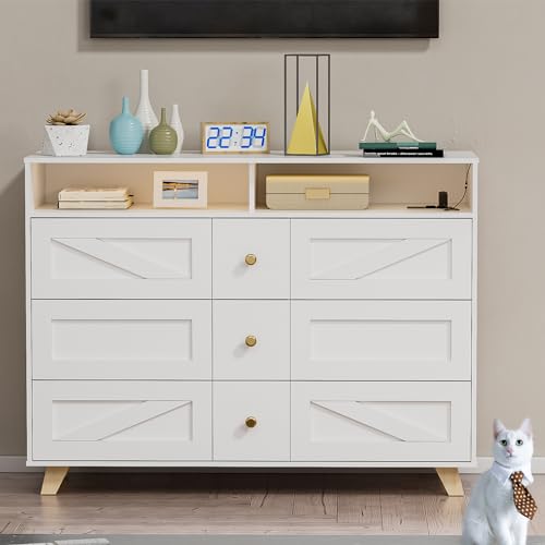 PAKASEPT Farmhouse White Dresser with Led Lights for Bedroom w/6 Drawers & Wide Chest of Drawers, Rustic Dresser TV Stand w/Shelf, Dresser Organizer for Bedroom, Living Room, Entryway, White PAKASEPT