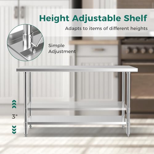 Toolsempire Stainless Steel Table, 60" x 24" Prep Table with Adjustable Under Shelf & 4 Galvanized Table Feet, Steel Table Kitchen Work Table for Toolsempire