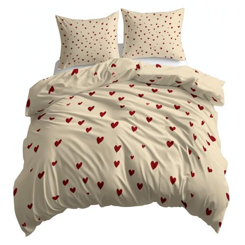 Cream Reversible Duvet Cover Set 2Pcs Small Single Size, Minimalist Red Heart Pattern Bedding Set for Boys Girls Kids Bedroom Decor - Soft Comfy Cozy Microfiber Print Duvet Cover with 1 Pillowcase Generic