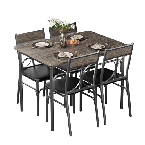 VECELO Dining Table Set for 4, Kitchen Table Set with 4 Chairs for Small Space, Space-Saving and Modern Design, Apartment, Easy to Assemble, Retro Brown VECELO