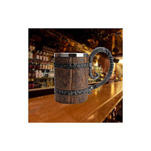 Wooden-Barrel Beer Mug,650 ml Stainless Steel Cup,Bucket Shaped Drinkware With Handle,Wood Carving Beer Mug,for Bar Restaurant,Home, Laipi