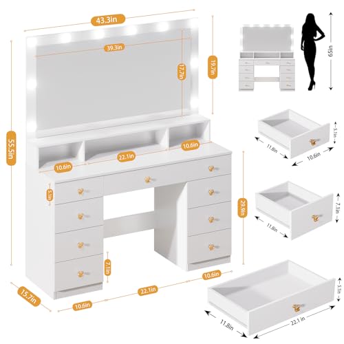 DDONGMM White Vanity with Lighted Mirror, Makeup Vanity Desk with Power Outlet, 9 Drawers & Shelf Storage, 43.3” Large Vanity Desk, Women Girls Vanity Dressing Table for Bedroom Bathroom DDONGMM