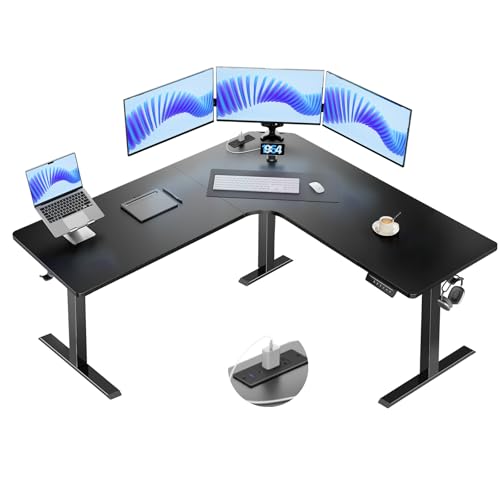 HUANUO Electric L Shaped Standing Desk, 63" x 63" Height Adjustable Corner Standing Desk with Built-in Power Outlets & Power Strip Holder, Sit Stand Up Table with 4 Preset Heights, Black HUANUO