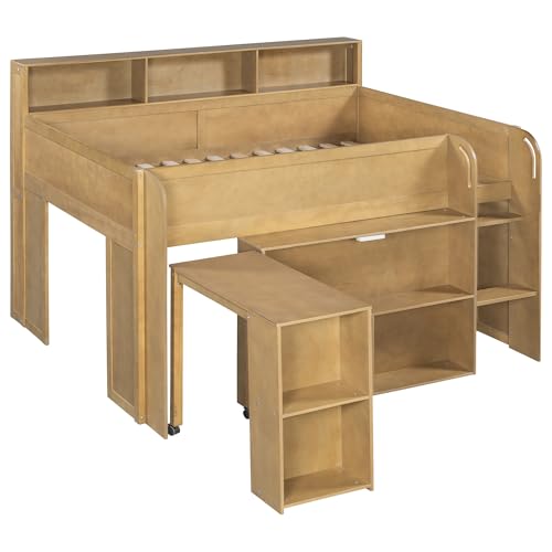 SOFTSEA Full Size Low Loft Bed with Desk & Storage, Solid Wood Kids Loft Bed with Portable Desk, Storage Bookshelves & LED Lights for Kids Juniors Boys Girls, Walnut SOFTSEA