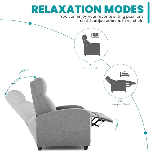 Sweetcrispy Recliner Chair Fabric Recliner Sofa No Massage, Home Theater Seating with Lumbar Support, Adjustable Push Back Overstuffed High-Density Sponge Reclining for Living Room, Grey