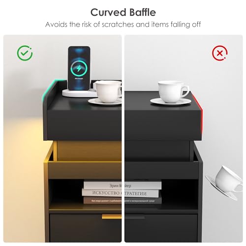 Suuiwau Black LED Nightstand with Charging Station, App - Controlled LED Lights & Sliding Top, Night Stand End Table with Hidden Compartment for Bedroom Suuiwau