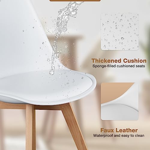 OLIXIS Set of 4 Dining Kitchen Mid-Century Modern Chairs with Wood Legs and PU Leather Cushion for Living Room Bedroom Outdoor Lounge, White OLIXIS
