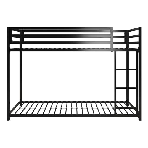 DHP Miles Low Metal Bunk Bed Frame for Kids, With Built-in Ladder, High Guardrail and Metal Slats, Floor Bed Bottom Bunk, No Boxspring Required, For Small Spaces, Twin-Over-Twin, Black DHP