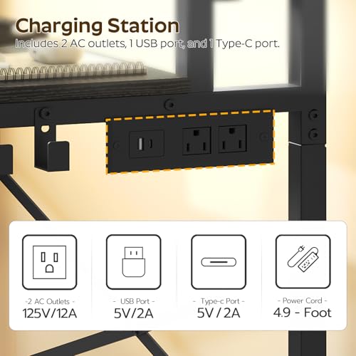 YATINEY Computer Desk with LED Light and Power Outlet, Small Gaming Desk with Monitor Stand, Reversible Game Table with 2 Side Hooks, Home Office Desk for Living Room, Bedroom, Black DN06UDBB YATINEY