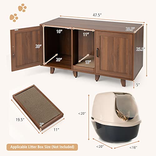 Tangkula Double Cat Litter Box Enclosure for 2 Cats, Large Stackable Hidden Privacy Cat Washroom Cabinet with Scratching Board, Indoor Cat House TV Stand Side Table, Litter Box Furniture (Brown) Tangkula