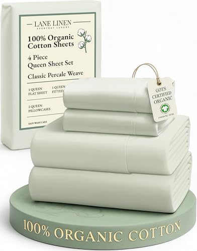 LANE LINEN 100% Organic Cotton Sheets Queen Size Bed Set, Machine Wash Eco Friendly Sustainably Produced Cotton Queen Sheet Set, Soft & Comfy Long Stabple Naturally Cooling Sheets– Mineral LANE LINEN