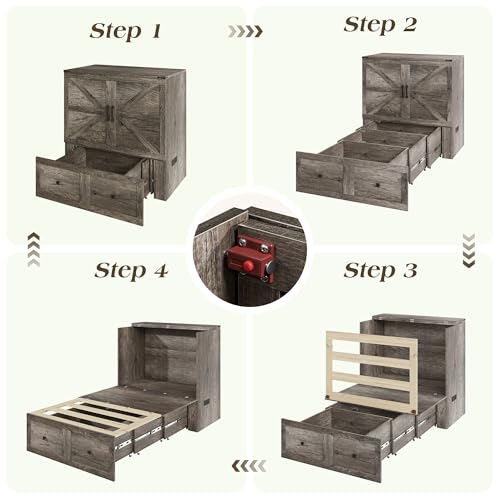 LUXOAK Twin Murphy Bed with Built-in Charging Station and Storage Drawer, Farmhouse Foldable Cabinet Bed for Guest Room, Apartment or Home Office, Rustic Grey LUXOAK