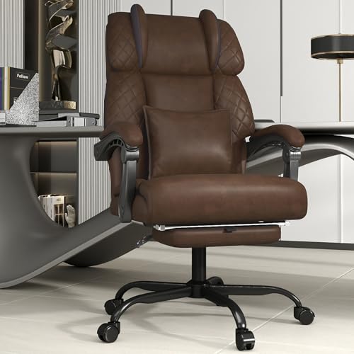 Ergonomic Office Chair with Footrest, 400lbs High Back Executive Home Office Computer Chair with Unique Ear-Shape Headrest for Neck Support,Coffee Leather Office Chairs for Home Office Work Hihady