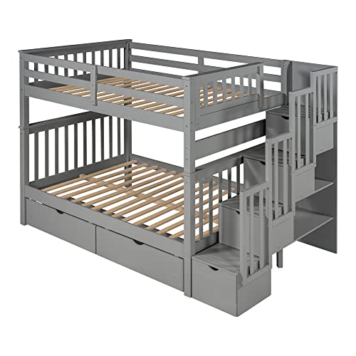MERITLINE Solid Wood Bunk Bed with Staircase Storage, Full Over Full Bunk Bed with Drawers for Kids, Teens & Adults, Space Saving Design (Gray) MERITLINE