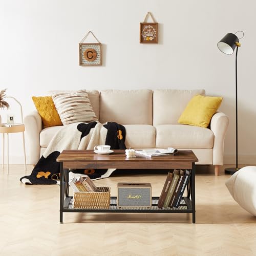 VECELO Coffee Table with 2-Tier Storage Shelf X-Frame for Living Room, Office Industrial Style,Easy Assembly, 39 inch Classic Brown