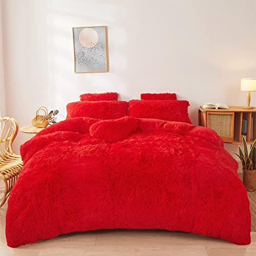 FOPPA Christmas Comforter Cover Queen - Ultra Soft Plush Bedding Set 3 Pieces (1 Faux Fur Duvet Cover + 2 Faux Fur Pillow Cases) Red Bed Set FOPPA