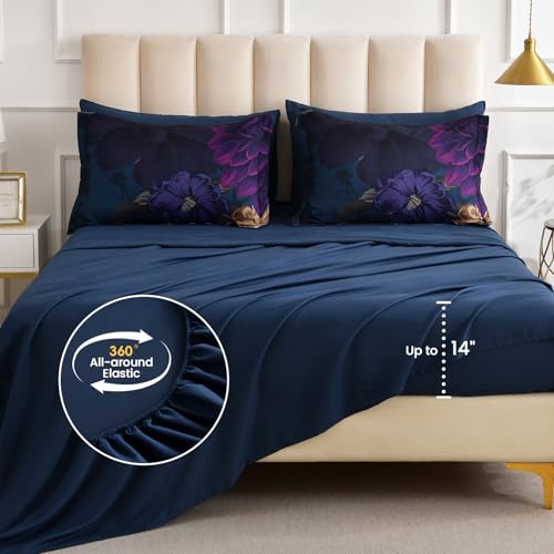 WONGS BEDDING Blue Comforter Set King Size, 7 Pieces Floral Bed in a Bag Set, Navy Blue and Pink Flower Bedding Set, Soft Microfiber for All Season with Pillowcases & Shams,Sheets(90"×104") WONGS BEDDING