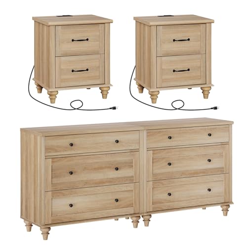 WAMPAT 4 Piece Bedroom Set, Set of 2 Wooden Dressers with 3 Drawers, Set of 2 Rattan Bedside Table Side Tables with Charging Station, 4 Piece Dresser and Nightstand Sets, Oak WAMPAT