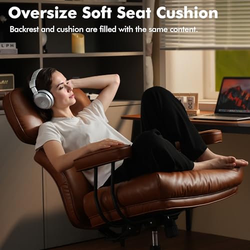 High Back Executive Office Chair with Comfortable Deep Seat,Brown PU Leather Modern Office Chair,Ergonomic Big and Tall Computer Desk Chair with Lumbar Support(Light Brown) weaxty W