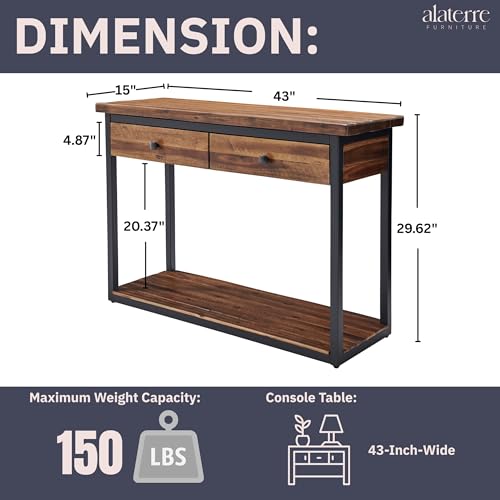 Claremont 43-Inch Solid Wood Console Table with Drawers and Lower Shelf – Rustic Industrial Entryway, Sofa, or TV Table with Acacia Wood Top and Black Metal Frame by Alaterre Furniture (Dark Brown) Alaterre Furniture
