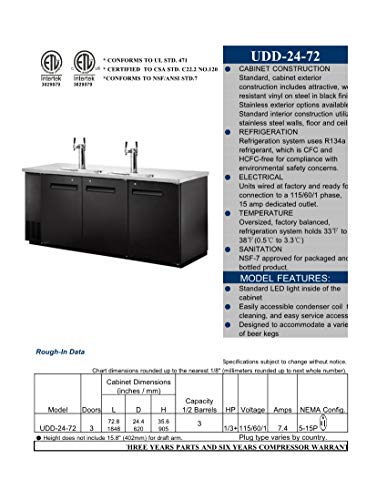 Beer Keg Dispenser Kegerator Commercial Refrigerator 72" Brew Fridge cooler Stainless steel NSF 4 Tap, Black, Three Half Keg, 2 Tower UDD24-72 cooler depot