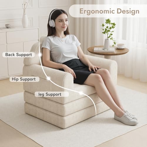 DSNAPE 2-in-1 Folding Sofa Bed with Back Support, 75" D x 34" W Convertible Futon Sleeper Chair for Adult, Fold Out Bean Bag Floor Foam Lounger Couch for Living Room Bedroom Small Space, Beige DSNAPE