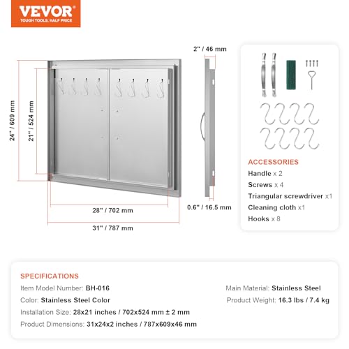 VEVOR Outdoor Kitchen Door, 31W x 24H Inch Double Wall BBQ Access Door, Stainless Steel Flush Mount Door, Double Vertical Door with Handles and Hooks, for BBQ Island, Grilling Station, Outside Cabinet VEVOR