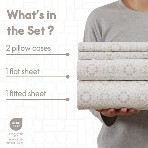 ELLE Decor Printed 4-Piece Microfiber Bed Sheet Set, 12-inch Deep Pocket, Full, High Tide Elle Decor