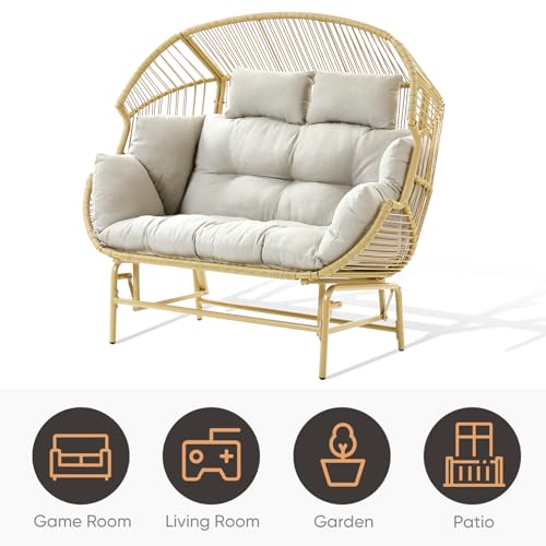 Patio Chairs Outdoor Egg Chair - 2 Person Wicker Rocking Glider Chair Rattan Patio Lounge Rocker Chairs with Cushion and Pillow for Outside Porch Deck Backyard Garden(Yellow/Beige) Pugire
