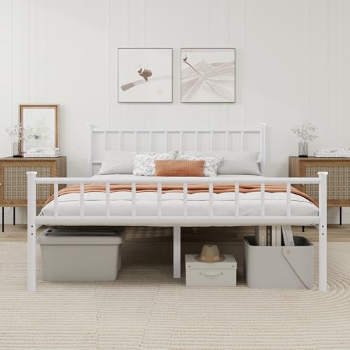 WJORATA Metal Platform Queen Bed Frame with Headboard Sturdy Steel Slats Support No Box Spring Needed Easy Assembly White WJORATA