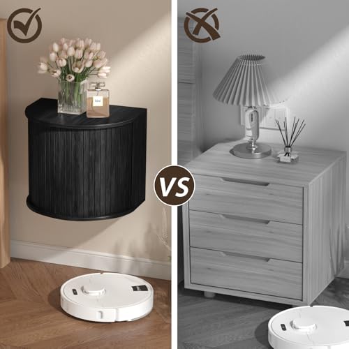 WTWEGMDGE Floating Nightstand Set of 2,Wooden Wall-Mounted Nightstand with Fluted Sliding Roll-Up Door,Space-Saving,Suitable for Small Space Bedroom,Living Room (Black-Floating Nightstand Set of 2) WTWEGMDGE
