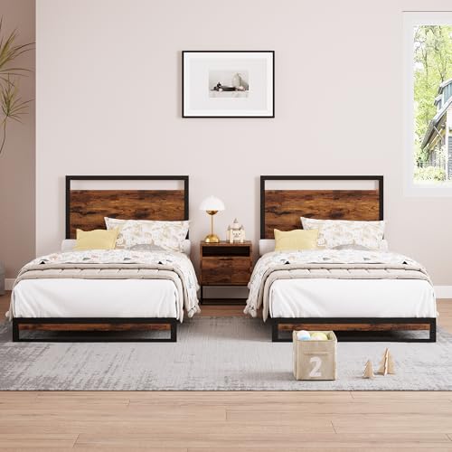 GAOMON Twin Bed Frame with Wood Headboard and Footboard, with Under Bed Storage, 6 Inch High, No Box Spring Needed, Easy Assembly, Rustic Brown GAOMON