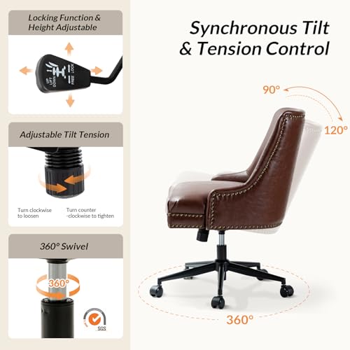 Faux Leather Home Office Chair with Black Metal Base and Nailhead, Modern Comfy Ergonomic Desk Chair with Adjustable Height/Tilt, 360-Degree Swivel, Armless Cute Decoration, Brown TINA'S HOME