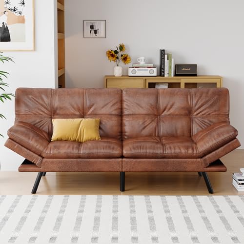 AMICLIBER Futon Sofa Bed Convertible Couch, Brown Faux Leather Sofa Bed with Memory Foam, Adjustable Backrest & Armrests, Multifunctional Small Loveseat Sleeper Sofa for Living Room, Apartment, Office AMICLIBER