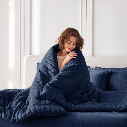 MUXHOMO 7 Pieces Queen Comforter Set, Seersucker Bed in a Bag Queen Size, All Season Luxury Bedding Set with Comforter, Flat Sheet, Fitted Sheet, Pillowcases & Shams, Navy Blue MUXHOMO