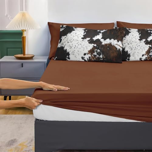 MUGINYU Brown Cowhide Comforter Set Queen, 8 Pieces Bed in a Bag Black White Cow Skin Print Western Farmhouse Animal Fur Bedding Set MUGINYU