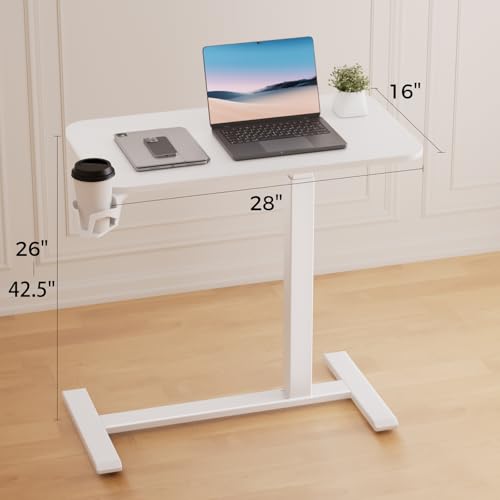 GTPLAYER Small Standing Desk with Hidden Wheels, Pneumatic Mobile Rolling Laptop Desk, Adjustable Height Overbed Bedside Table Computer Workstation for Home Office (28" W x 16" D, White) GTPLAYER