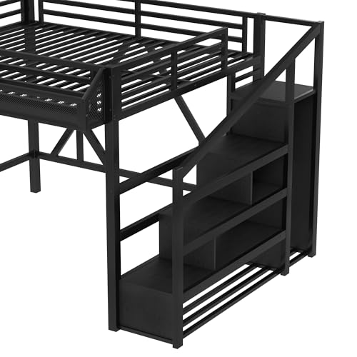 Bellemave Queen Loft Bed with Storage Stairs, Shelves and Built-in Wardrobe, Metal Loft Bed Frame with USB Ports and LED Lights, Noise-Reduced Design, Black Woodgrain Bellemave