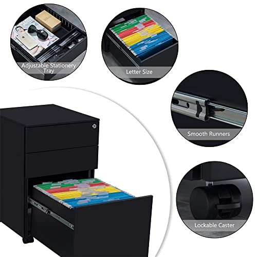 3 Drawer Mobile File Cabinet with Lock, Metal Filing Cabinet with Wheels, Under Desk Storage Cabinet for Home Office, Fully Assembled, Black WoodArtSupply