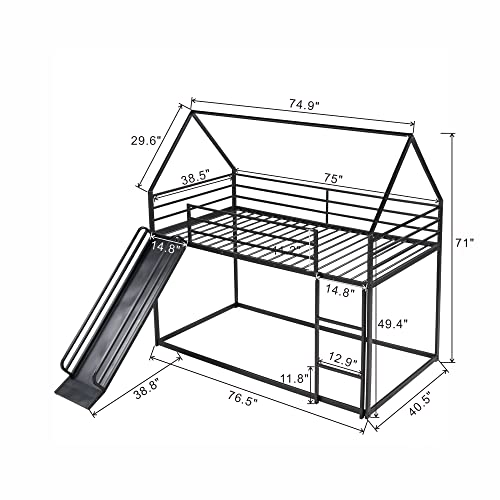 Merax Modern Twin Over Twin Heavy Steel Low Bunk Bed with Ladder and Slide, House Shaped Bunk Bed Frame with Full Lenght Guardrail, No Box Spring Needed, Space-Saving, Black Merax