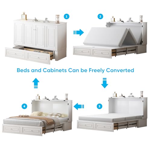Mjkone Murphy Bed Cabinet, Queen Size Cabinets Bed Chest with USB Charging Station & Tri-Folding Mattress, Wall Beds with Storage Drawers for Guest Bedroom Apartment Office, Easily Convertible, White Mjkone