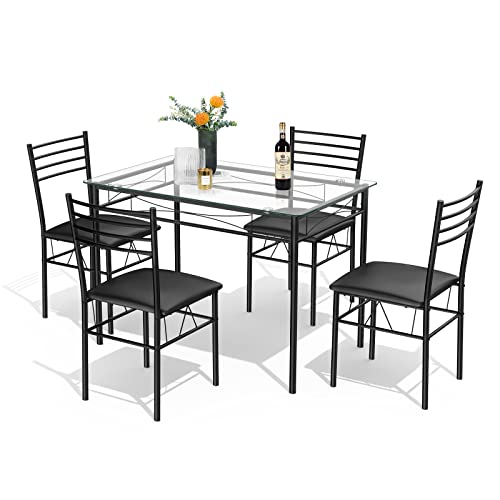 Tangkula Dining Table Set, 5 Pieces Dining Set with Tempered Glass Top Table and 4 Chairs, Kitchen Dining Room Furniture, Black Tangkula