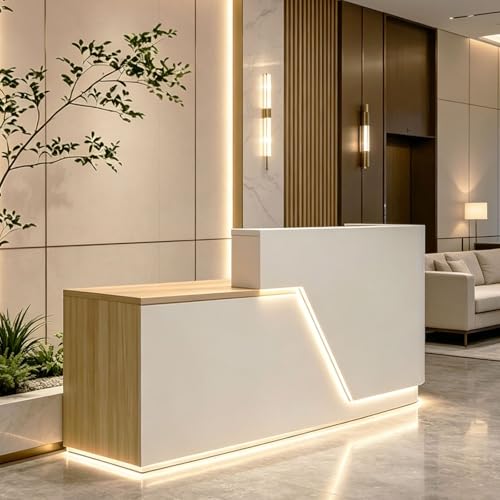 ansespl L Shaped Reception Desk with Counter,63/71inch Reception Room Table with Lockable Drawers & Keyboard Tray, for Office, Salon, Hotel & Clinic