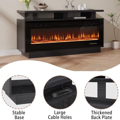 Fireplace TV Stand with 50" Smart Electric Fireplace, Modern Wood Entertainment Center with Mantel&Built-in Power Outlets, Fireplace Cabinet for Living Room (Black, 50" WiFi) HOMTHING