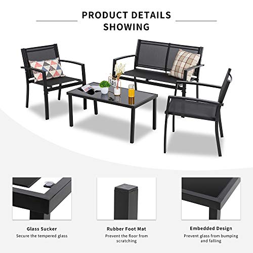 Shintenchi 4 Pieces Patio Furniture Set All Weather Textile Fabric Outdoor Conversation Set, with Glass Coffee Table, Loveseat, 2 Single Chairs for Home, Garden, Lawn, Porch(Black) Shintenchi
